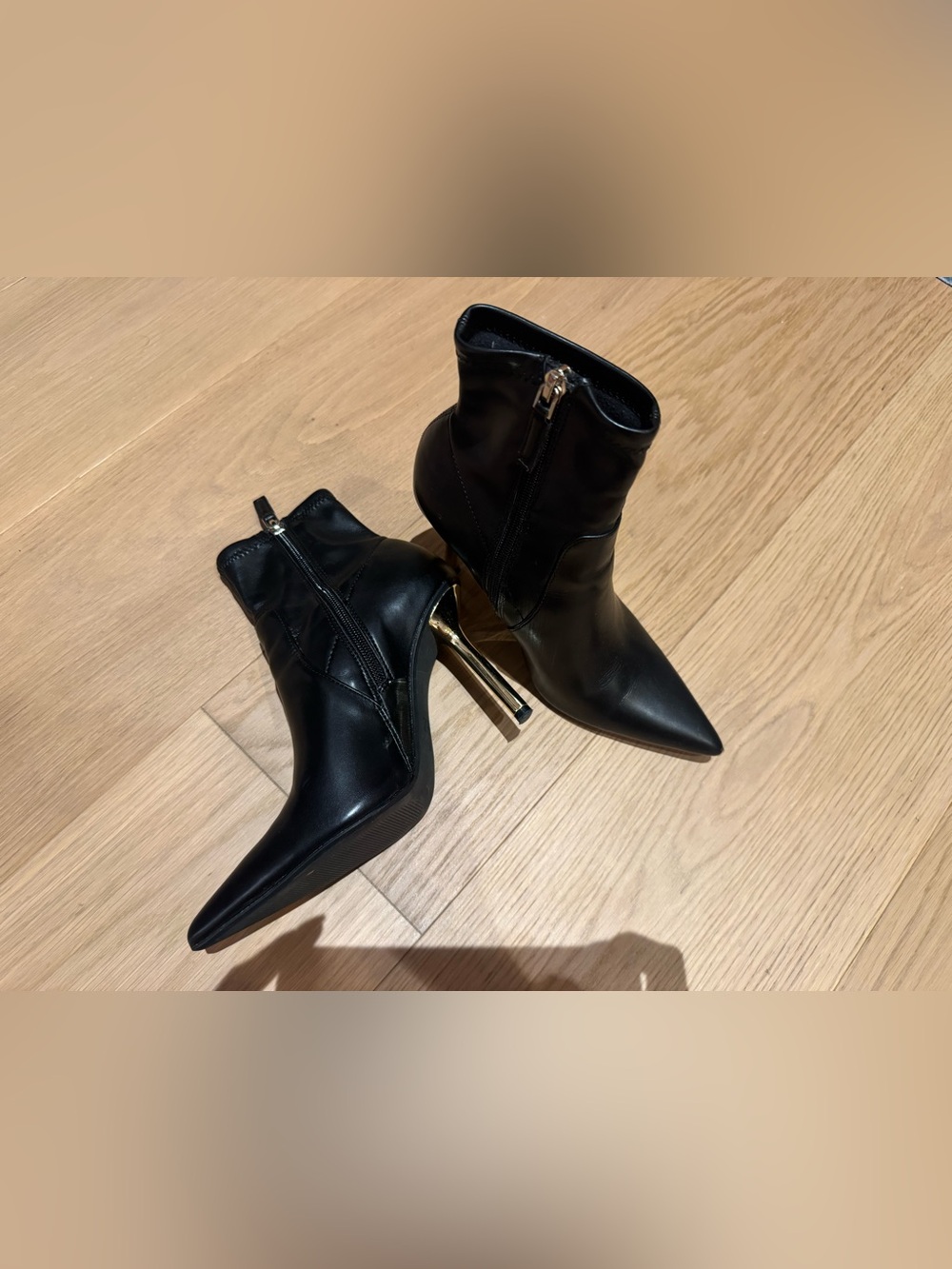 Zara Black Pointed Toe Ankle Boots with Gold Stiletto Heel